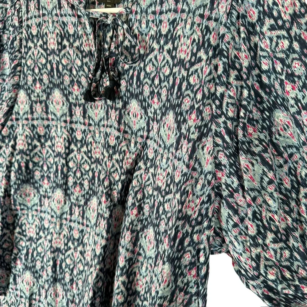 Banana Republic Navy Blue Ikat Print Tie-Neck Blouse with Pink Accents